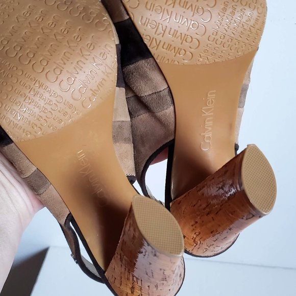 New CALVIN KLEIN Gracie Leather Striped Platform Peep Toe Heels Sandals - Picture 11 of 12